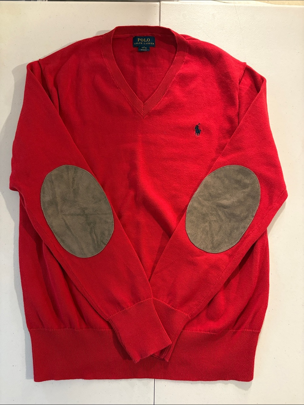 Polo by Ralph Lauren Red V-Neck Sweater with Brown Elbow Patches